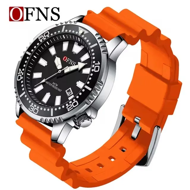 OFNS 8032 Orologio al quarzo da uomo Fashion Cool Black Sport Arancione Verde Calendario Luce notturna Orologio con cinturino in silicone impermeabile