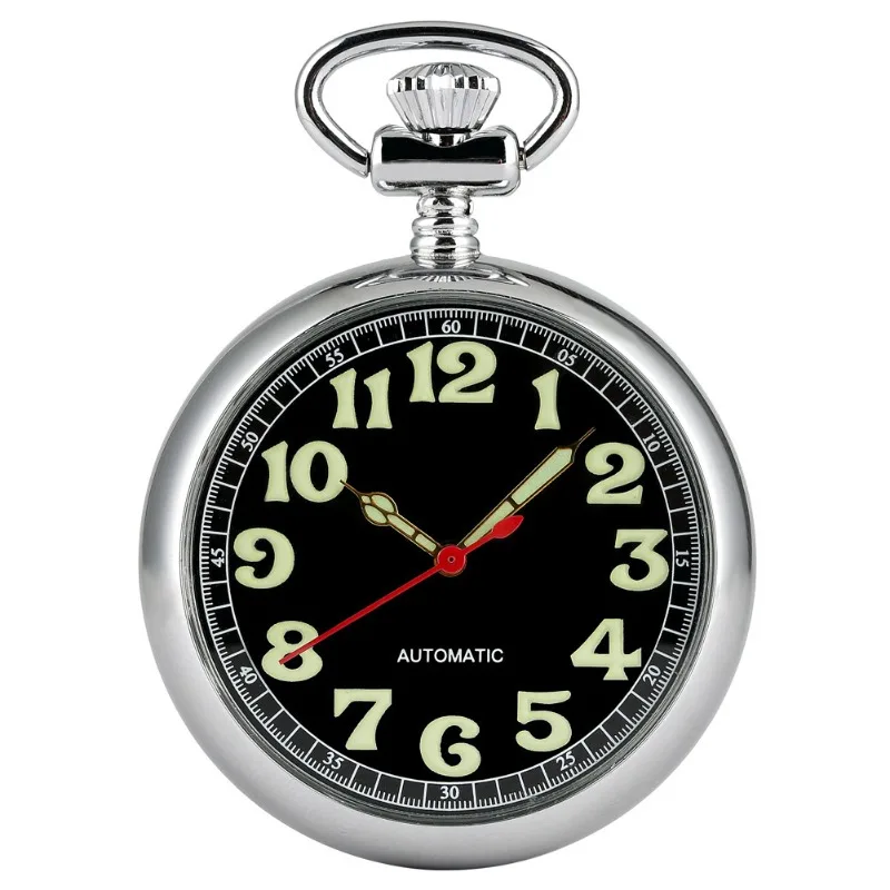 Luminous Numbers Dial Mechanical Automatic Pocket Watch Self Winding Pocket Snake Chain Luxury FOB Watch Noctilucent Fluorescent