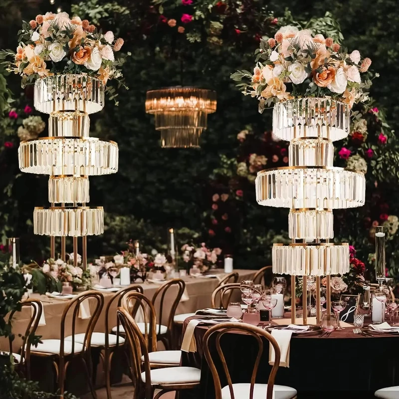 1/2/6/10 Pcs Wedding Gold Vase Centerpiece Acrylic Flower Stand with Hanging Acrylic, 5 Tier Round Chandelier Base for Wedding