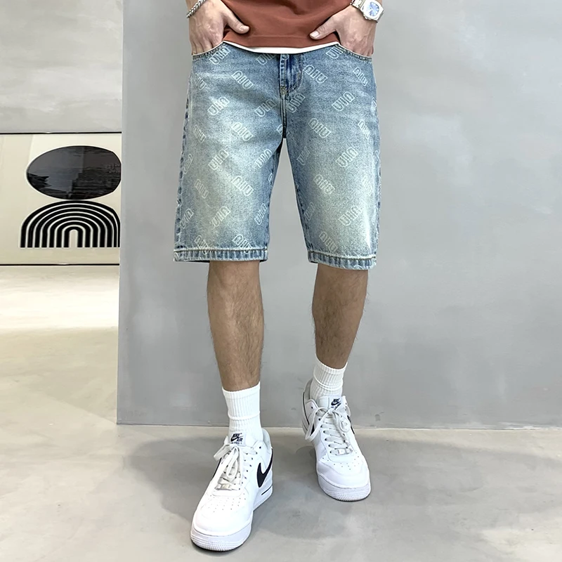 Printed Denim Shorts Men's Summer New High Street Fashion Shorts Korean Style Fashionable Loose Personalized Shorts