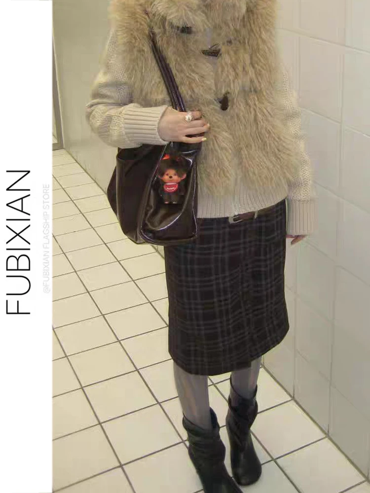 

Comfortable Plaid Woolen Skirt Button Decoration Wrap around Design Brown Color Classical Sle for Young Women