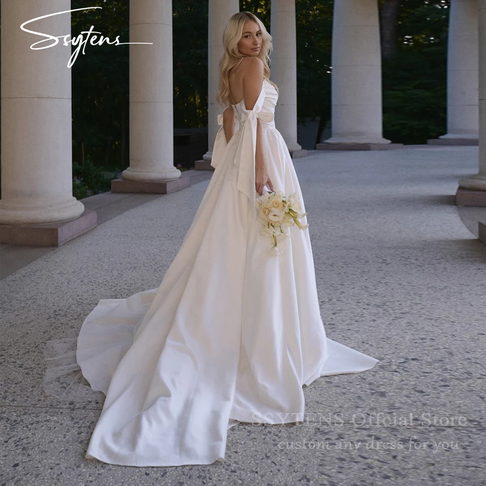 

SSYTENS A-line Wedding Dresses Off the Shoulder Bow Pearls Satin Bride Dresses Long Beach Bridal Gowns Robe De Mairee Customized