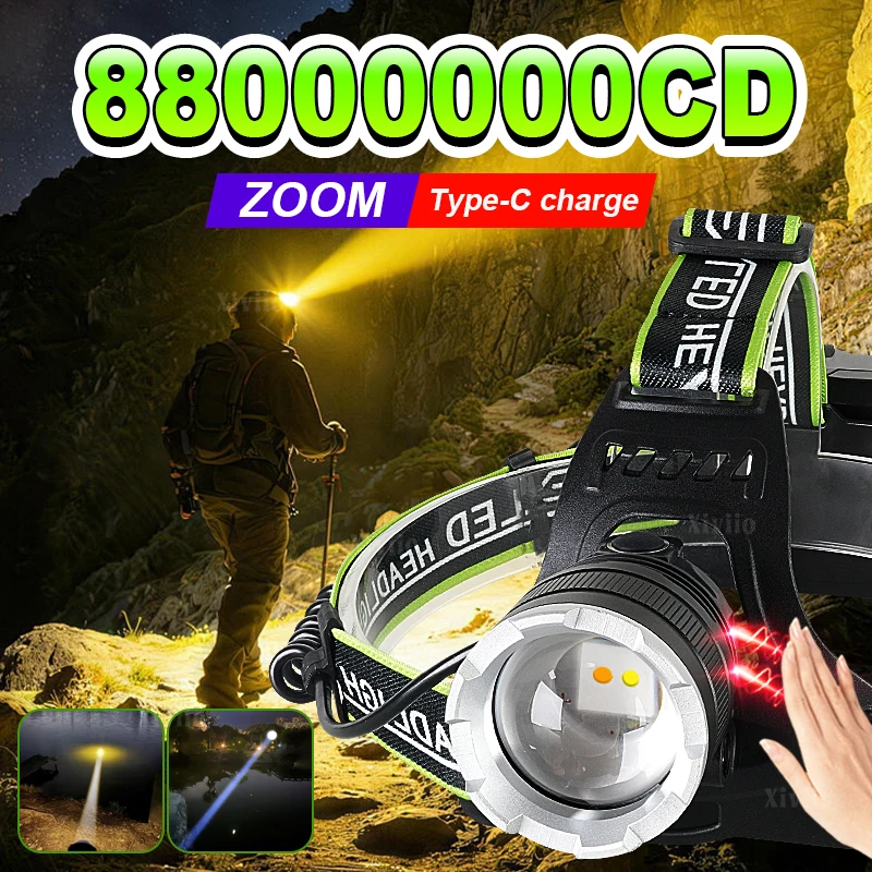 

Super Bright Sensor Headlamp 88000000CD 3500M Rechargeable LED Head Flashlight White/Yellow Lights Camping Fishing Head Lantern