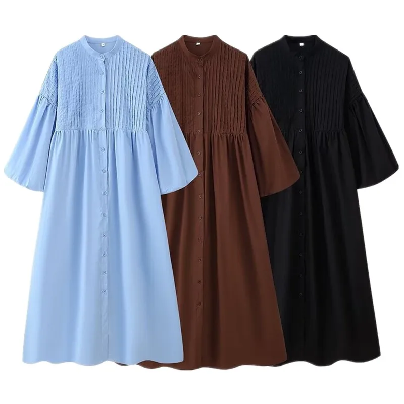 Automne 2025 T-shirt Faionable pour femme couleur ronde Ne boutonnée bulle Sve Dstring décoré Dr polyvalent pour les déplacements C...