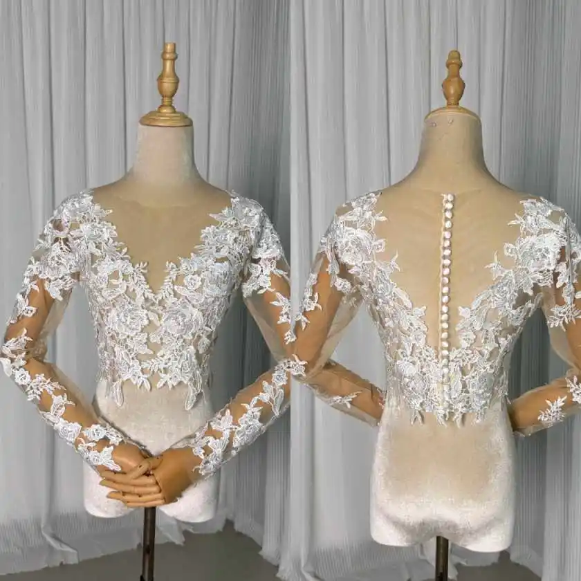 Exquisite Bridal Bolero Wraps Long Sleeve O-Collar Embroidery Button Jacket Wedding Outfit Accessories Customized