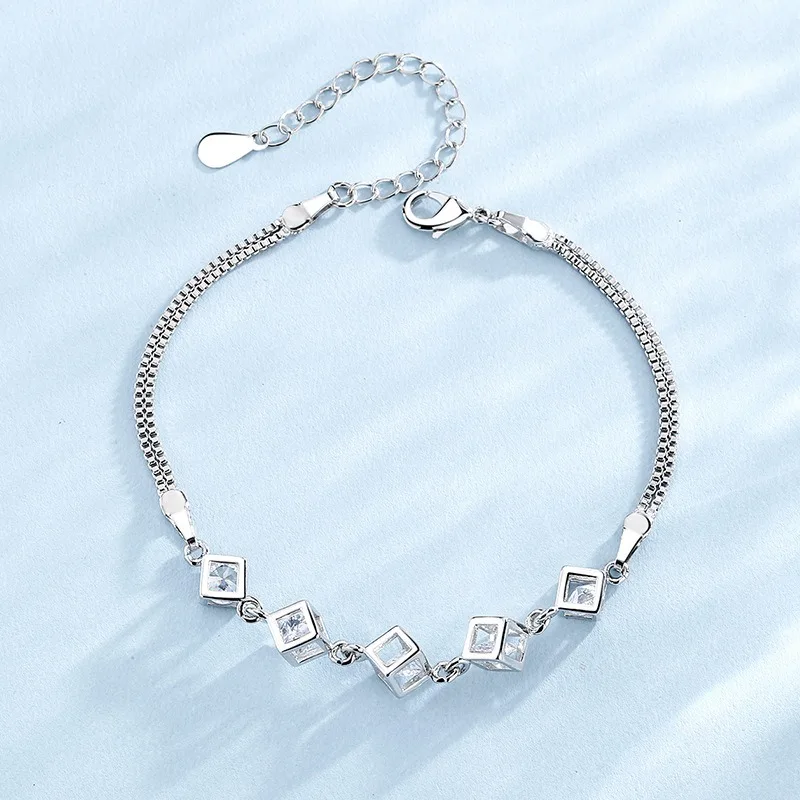 

925 Sterling Silver Zircon Square Bracelets For Women Luxury Original Versatile Geometric Charm Bracelet Party Fine Jewelry Gift