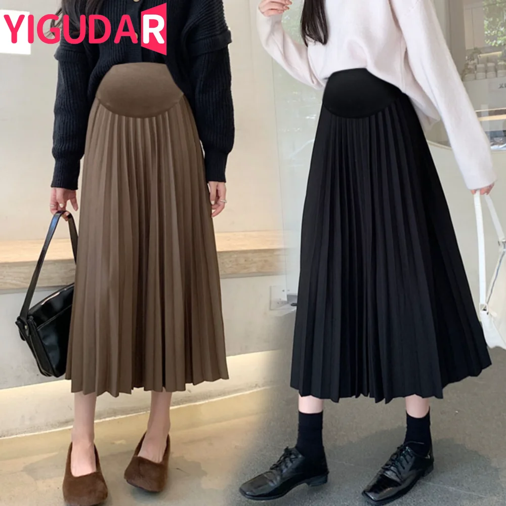 

Spring Autumn Maternity Pleated Skirts High Waist Ankle-length Pregnant Woman clothing Belly Skirt Elegant Pregnancy Maxi Skirt