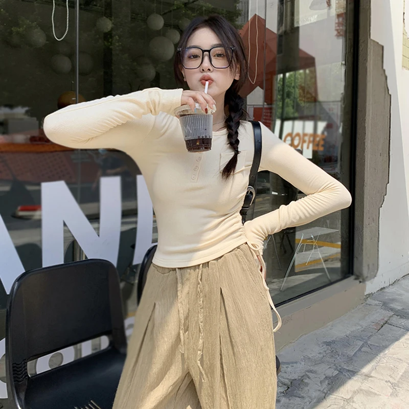 

Women Sexy Slim Retro Elastic T Shirt Ribbed Side Drawstring Pullover Long Sleeve V-neck Crop Top Autumn Basic Casual Bottom Tee