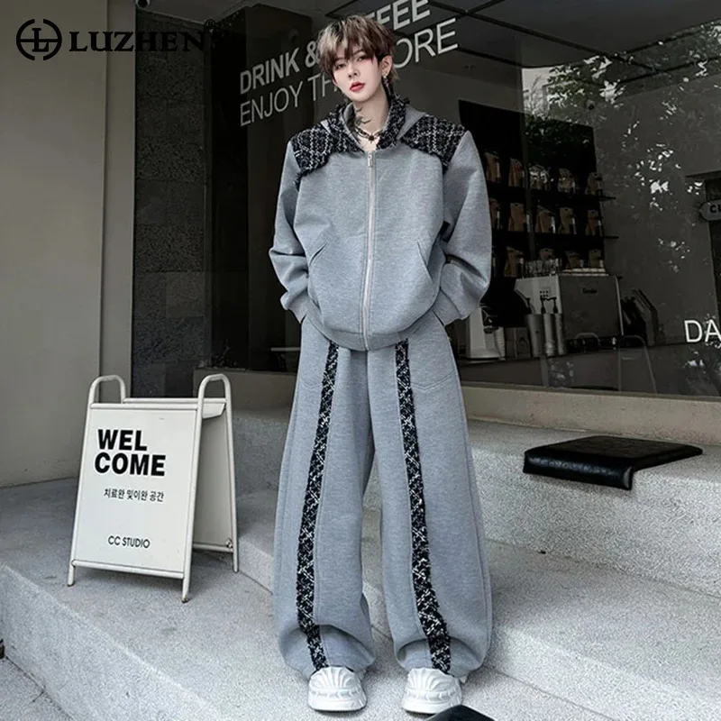 

LUZHEN Fashion Streetwear Two-piece Sets 2025 Autumn New Patchwork Design Hoodies Coat Men Original Loose Wide Leg Pants JY3787
