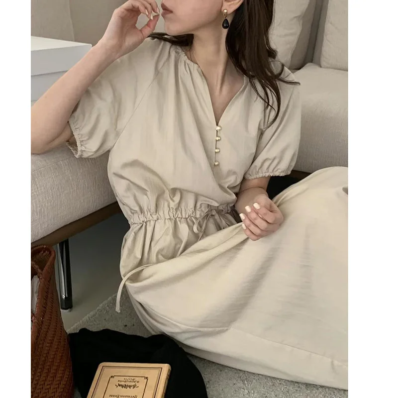 

QOERLIN Minimalism Women Short Sleeve Dress Summer Drawstring Waist Casual V-Neck Dress Buttons Pocket Temperament Long Dress