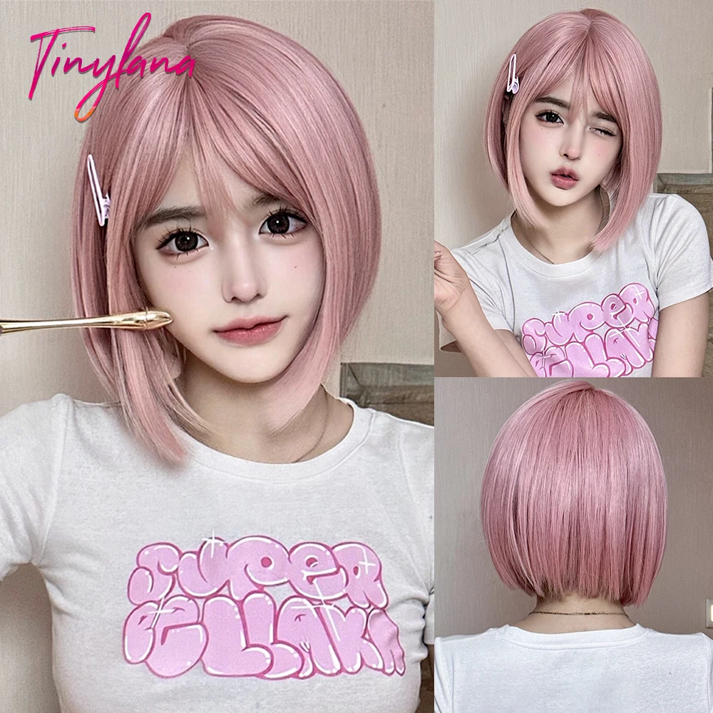 

Light Warm Pink Bob Synthetic Hair Wigs Short Straight Lolita Wig with Bangs for Women Cosplay Daily Natural Heat Resistant Hair