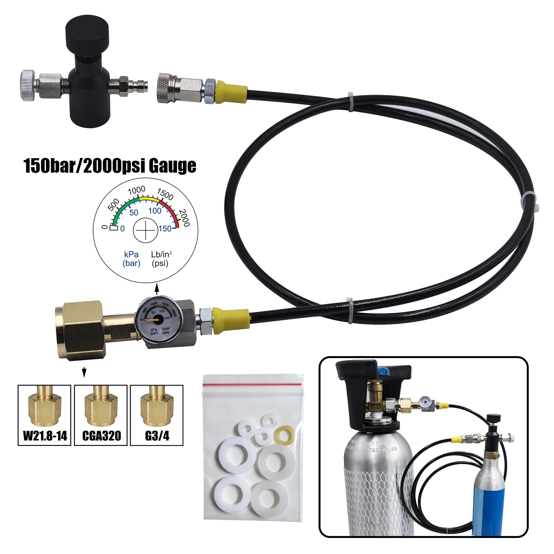 Soda Water Accessories Cylinder CO2 Refill Station Adaptor With Hose On/Off Adapter W21.8-14 or G3/4 or CGA320 Connector