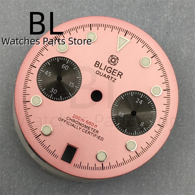 BLIGER 30mm VK64 Watch Dial Black Pink White Blue-green Dial For VK64 5-hands Quartz Chronograph Movement 6 O \'clock Date Window