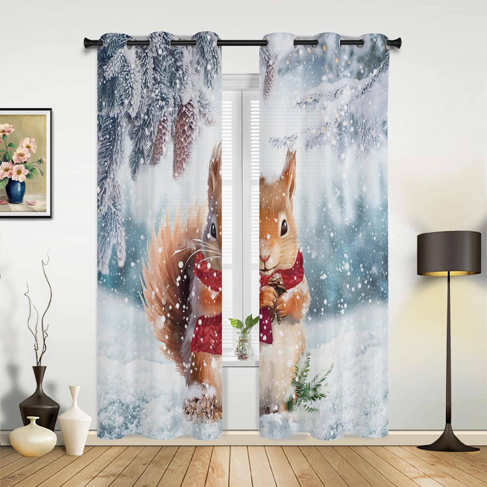 Christmas Snowflake Squirrel Christmas Tree Window Curtains Living Room Bedroom Screens Modern Luxury Home Decor Valance Drapes