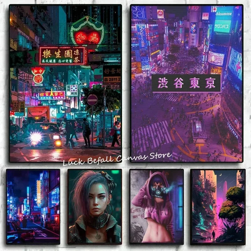 Pintura en lienzo de ciudad futurista de neón de Japón de Tokio, póster impreso, imagen artística de pared estética de animales para decoración del hogar y habitación