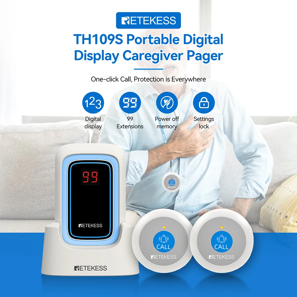 Retekess TH109S Caregiver Pager Wireless Calling System SOS Call Button Digital Display Screen For Elderly Patients Clinic Home