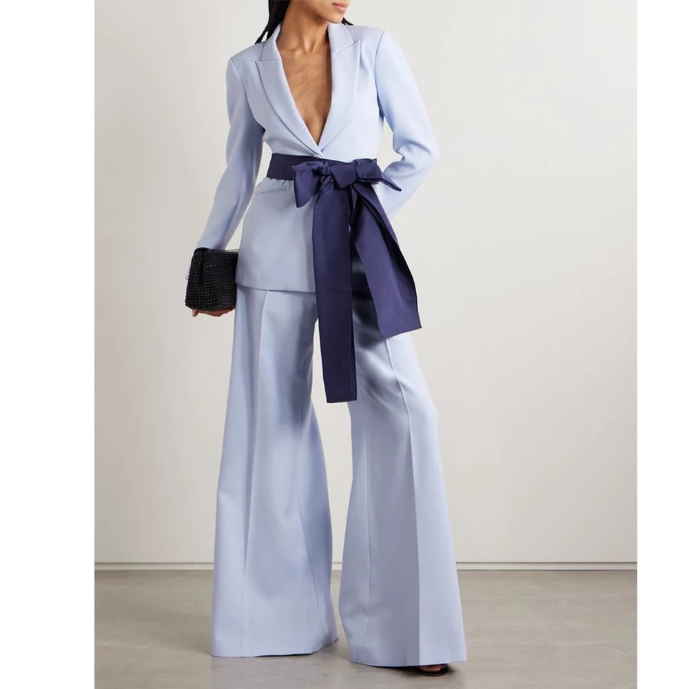 

Tesco 2PC Sky Blue Women's Suit Long Sleeves Suit Jacket with Bow Office Lady Pants Set for Business