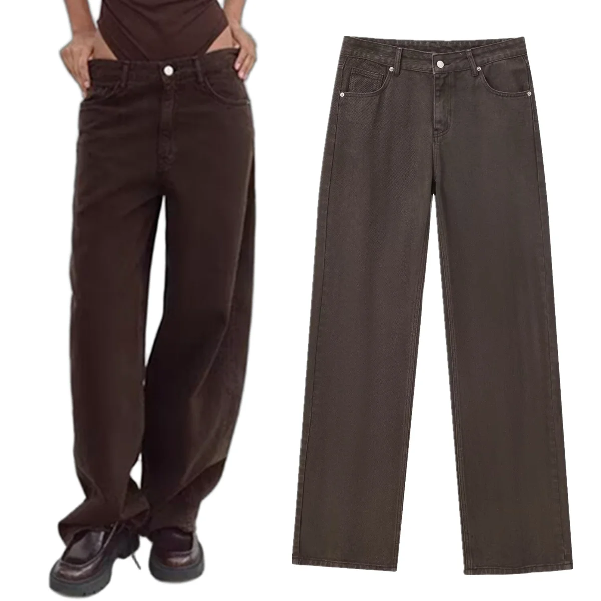 

Maxdutti Fashion Ladies Commuting Mom Jeans Minimalist Retro Brown Washed Denim Pants Medium Waist Straight Jeans Women