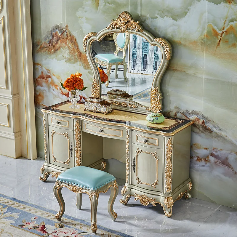 European dresser solid wood carving flower princess dressing cabinet American villa champagne gold sticker gold foil makeup tabl
