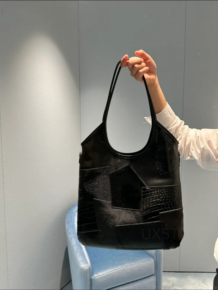 UXST Advanced Sense Patchwork Letter Shoulder Bag Real Leather Mixed Color Design Underarm Bag Novel Handmade Creative Tote Bag