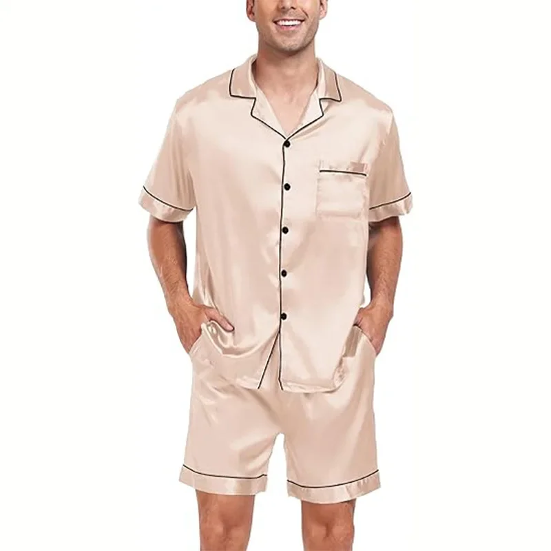 Casual Home Clothing Set Large Size Men\'s New Sleepwear Short Sleeved Shorts Pajama Suit Satin Finish European American Summer