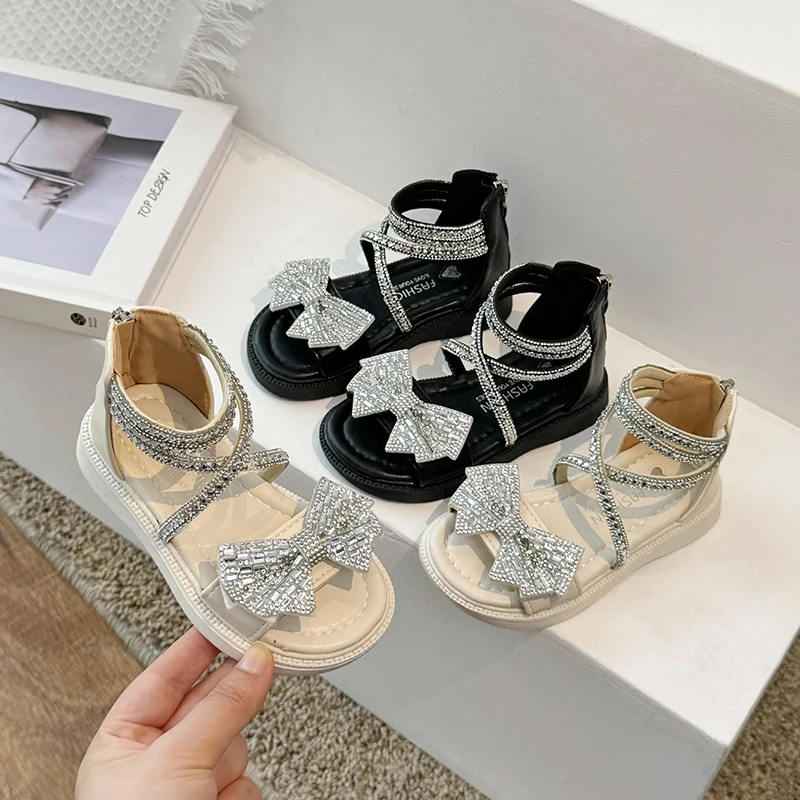 

Luxury Girl's Sandals Sequined Glitter Narrow Band Flexiable Children Sliders Zipper Party Black Beige Wedges Kids Shoe 23-37