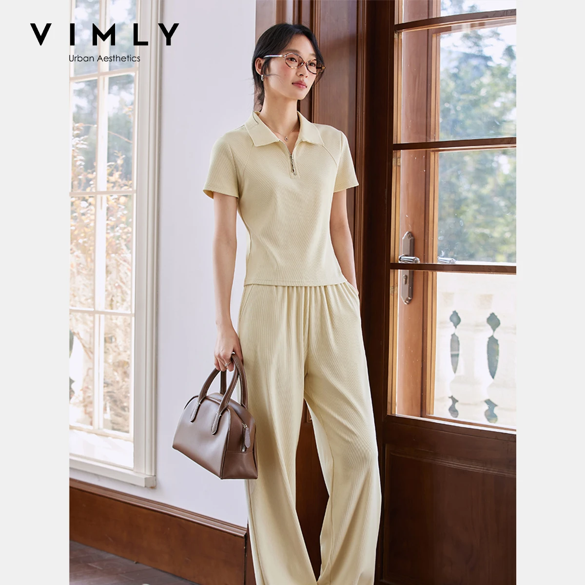 VIMLY 여성용 여름 트레이닝복 스포츠 레저 팬츠 세트 2종 세트 2025 여성 폴로넥 티셔츠 와이드 레그 스웨트 팬츠 M7793