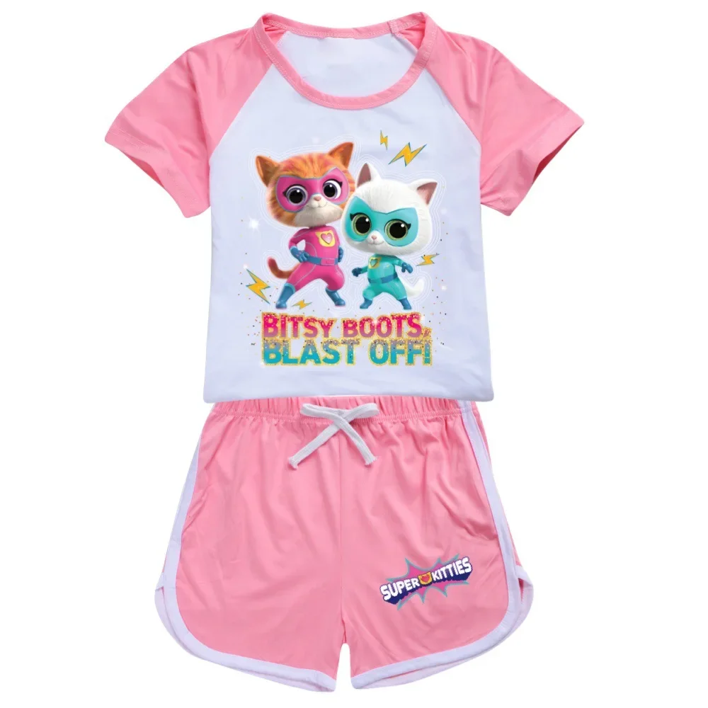 Kawaii Superkitties vêtements enfants Super chats T-shirt bébé filles été à manches courtes hauts Shorts 2 pièces ensembles garçons décontracté combinaisons de sport