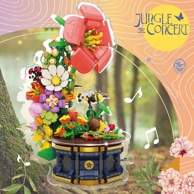 

Creative MOC 1426pcs Jungle Concert Rotating Music Box Building Blocks Sets DIY Flower Bouquet Insect Bricks Toys For Children