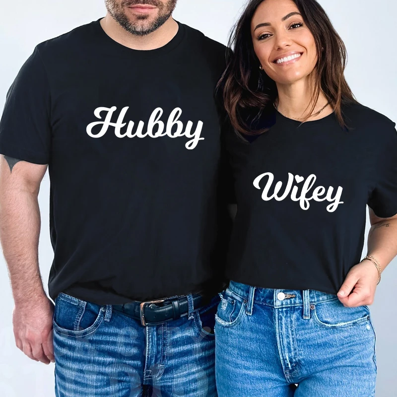 Hubby Wifey Matching Honeymoon Shirt Camiseta Funny Just Married Couple T-Shirts Cute Husband And Wife Anniversary Gift Tshirt