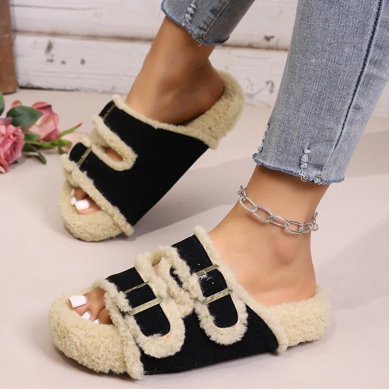 205 جديد أنيق ومريح الرجعية المرأة نِعال من الفراء داخلي ملابس خارجية الخريف الشتاء المضادة للانزلاق نعال من القطن