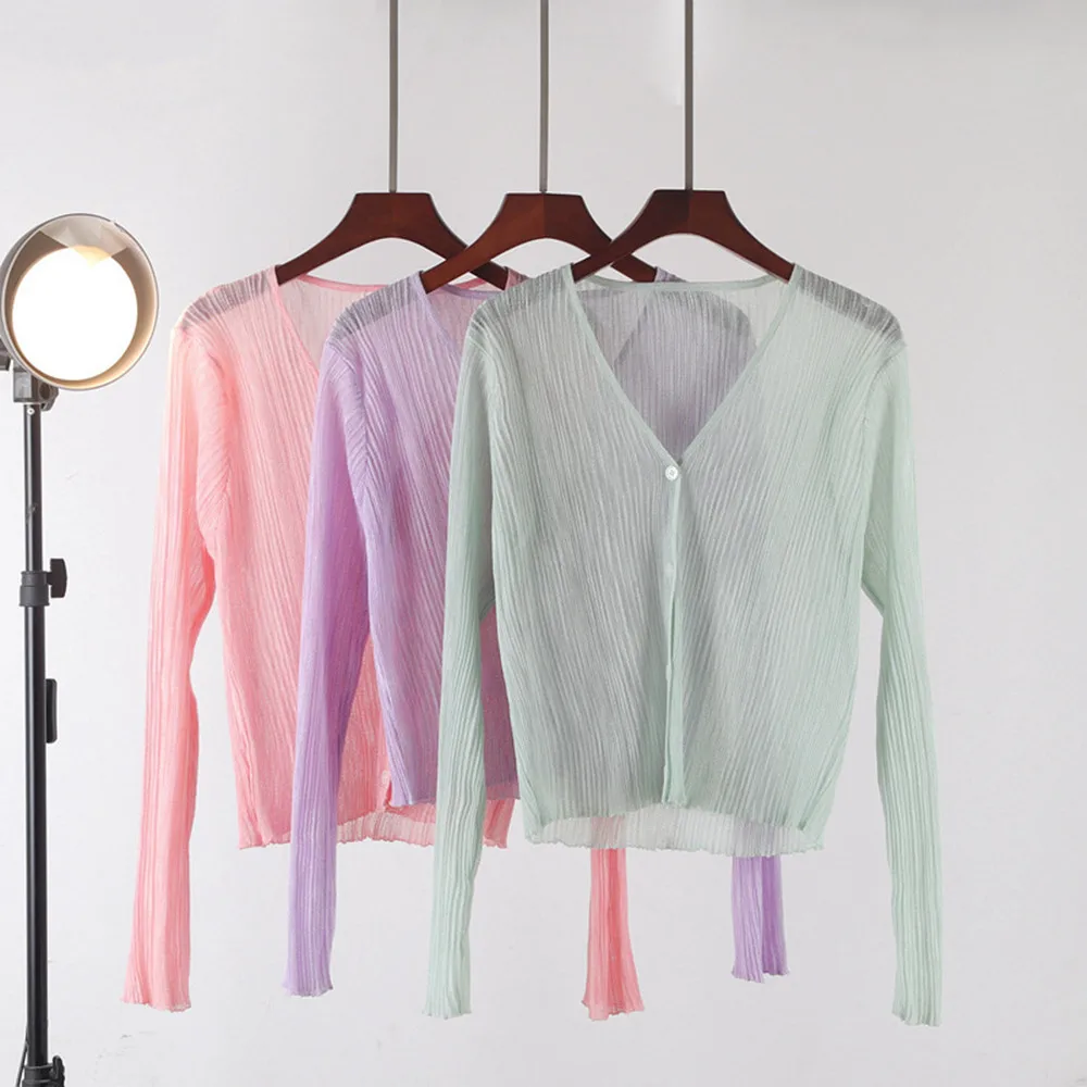 Solid Color Women's Knit Cardigan Sweater Long Sleeve Fashion Top Thin Summer Spring Adult Jacket Candy-Colored