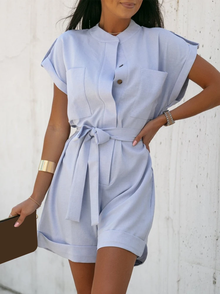 

Casual Women Shorts Jumpsuits Summer Short Sleeeve Solid Pockets Playsuits Casual Cotton Linen Single-Breasted Commuter Rompers