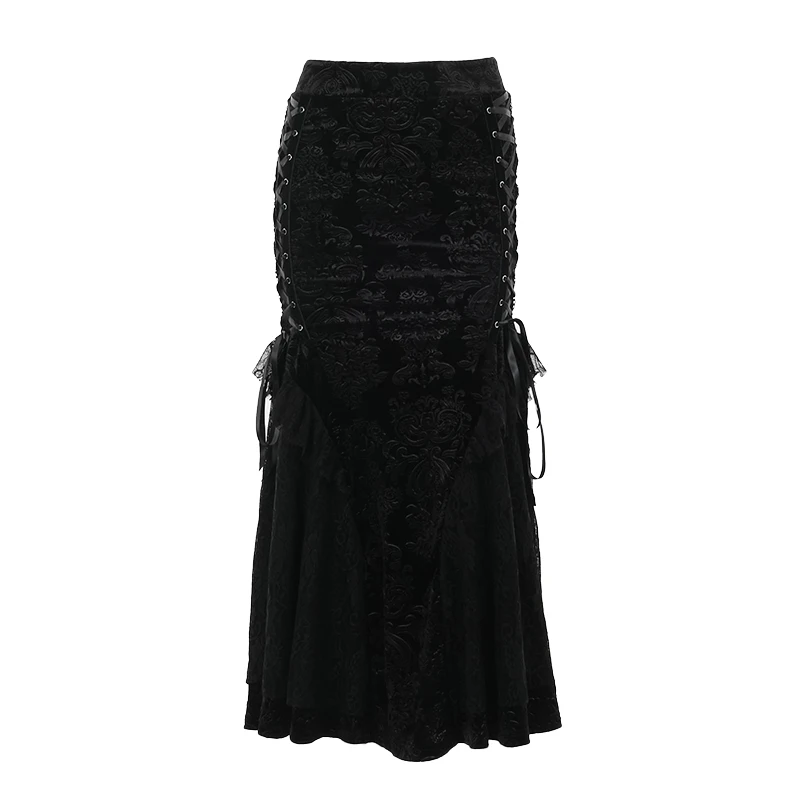 Gothic Black Floral Lace Trim Bodycon Mermaid Skirts Women Y2K Vintage Elegant Aesthetic Lace-up Long Skirt Women Fashion Skirt