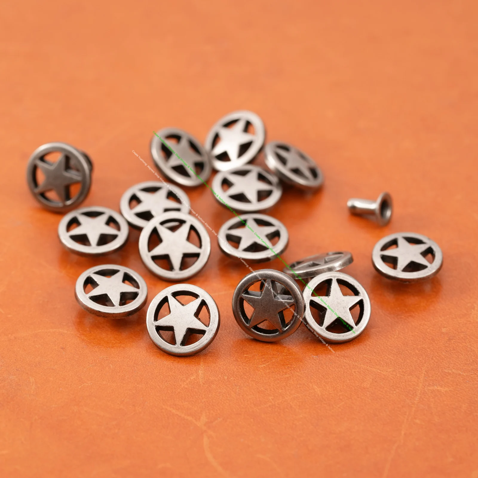 50X Retro Silver Punk Metal Round Side Star Fasteners Rivets Spike Studs Decor 1/2\
