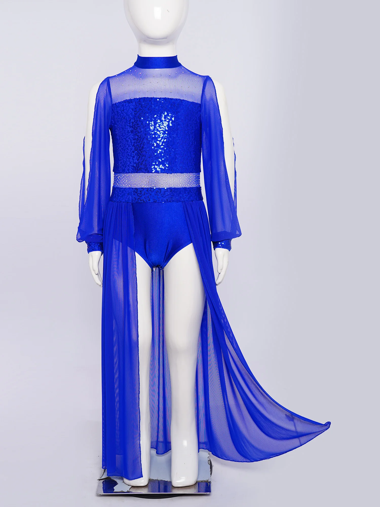 

Girls Lyrical Modern Dance Dress Shiny Sequins Split Sheer Mesh Skating Leotard Dresses Dancewear Arabian Princess Costume