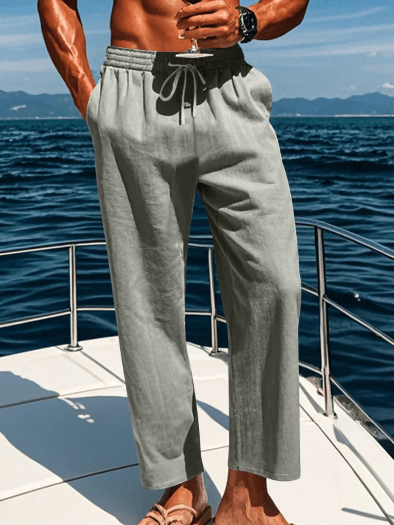 

Mens Linen Drawstring Pants Lightweight Elastic Waist Cropped Trousers For Beach Vacation Summer Casual