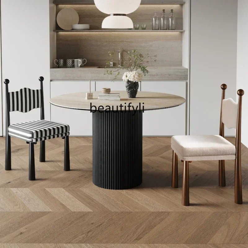 

Round table travertine rock slab dining table model room French retro round table