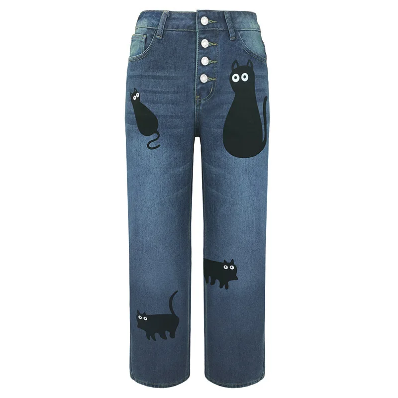 Jeans a gamba dritta con gatto con stampa retrò americana per donna 2025 Primavera Autunno Nuovi pantaloni jeans casual comodi a vita alta