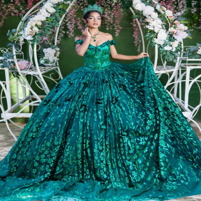 

Dark Green Shiny Quinceanera Dresses Off Shoulder Ball Gown Sweet 16 Dress Sequin Applique Beading Crystal Tull Birthday Party