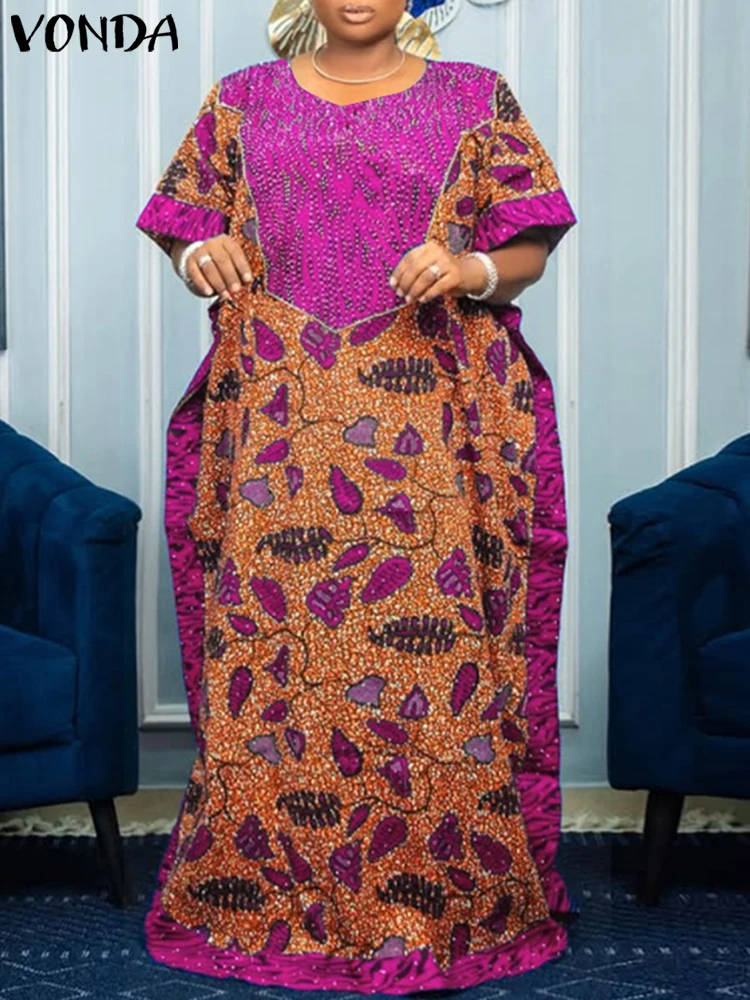 

Летнее платье макси с богемным принтом размера плюс VONDA, вечерние платья, женский винтажный лоскутный сарафан с короткими рукавами, повседневный свободный халат