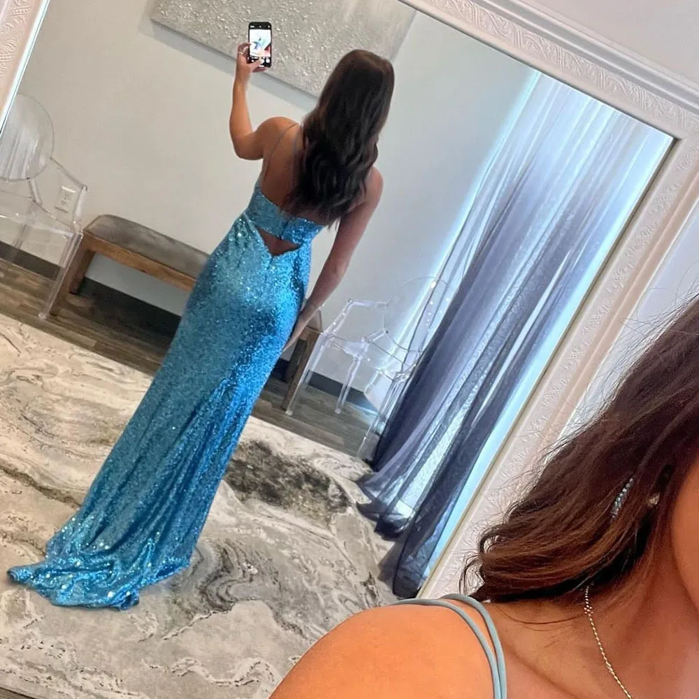 Glittering Mermaid Blue Sequin V Neck Homecoming Dress Spaghetti Straps Vestido Graduation Dress Formal Prom Party Dresses