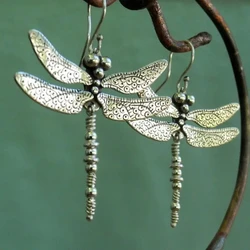 Vintage Dragonfly Design Carved Pattern Dangle Earrings Retro Bohemian Style Silver Color Jewelry Trendy Female Ear Ornaments