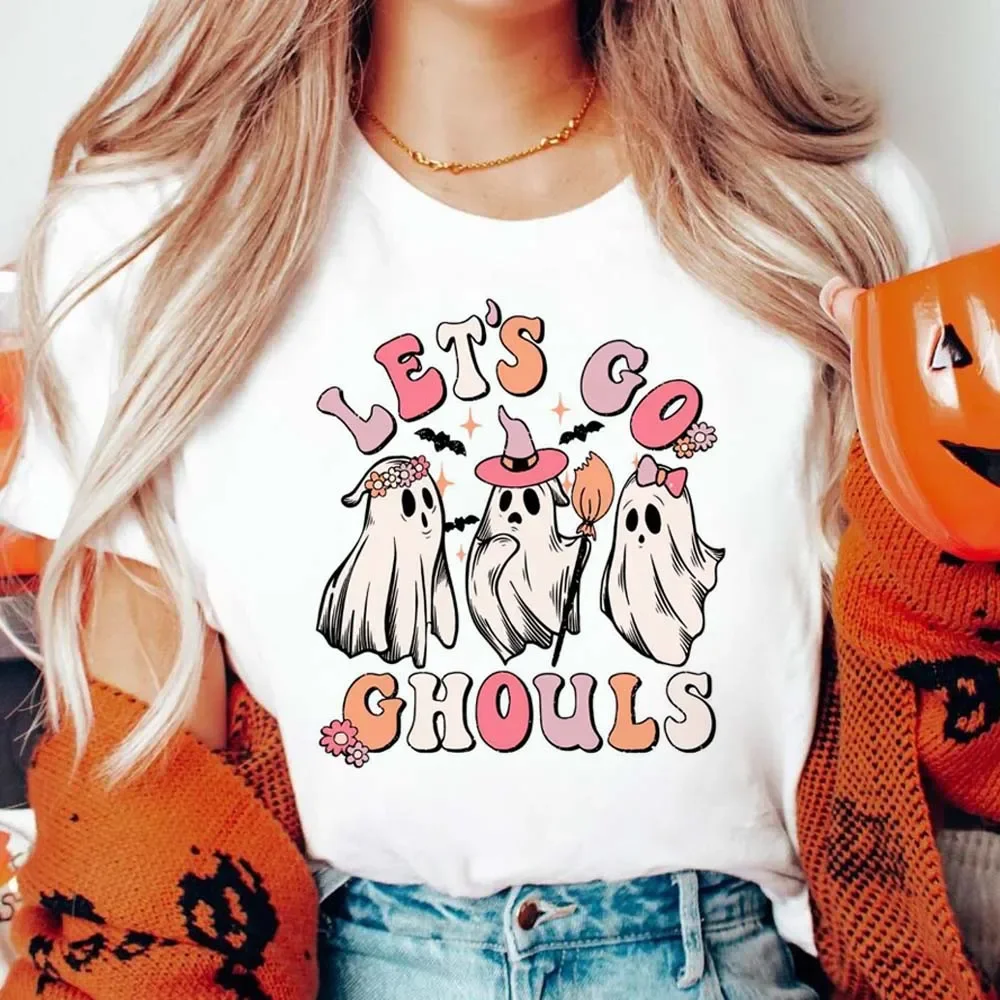 Witchy Ghost Let Go Ghouls Halloween T-Shirt Fashion Printed Sweet Cartoon O-Neck Trendy Street Printed Summer New T-Shirt.