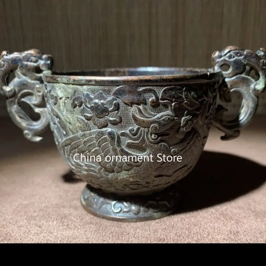 Retro unearthed double dragon phoenix bird pattern master cup Qianlong copper incense burner copper alloy antique old object orn