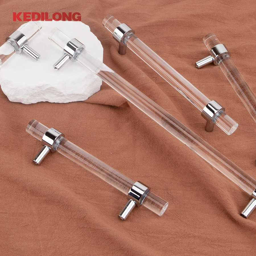 KEDLO Modern minimalist acrylic brass long handle furniture hardware cabinets gold transparent drawers silver T-handles
