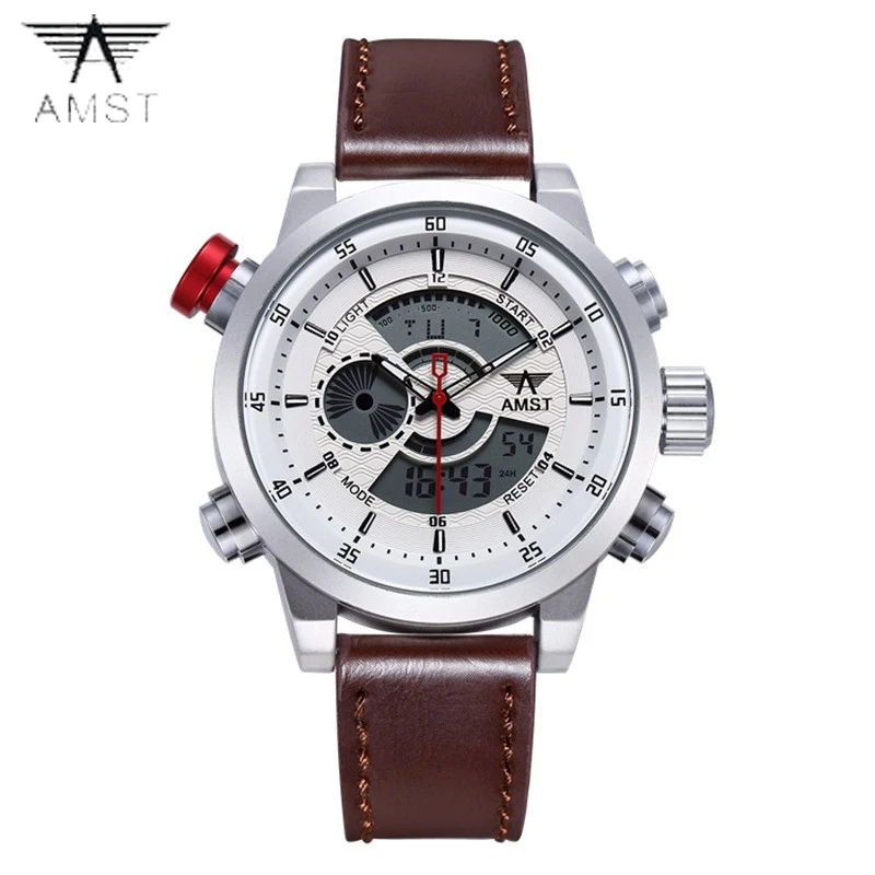 Quartz Watch men dual Japan movement sports LED dual display military watches leather strap waterproof male clock AMST 3013