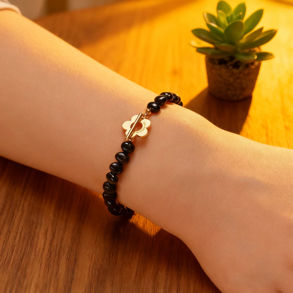 

2025 New Arrivals 5-6mm Baroque Freshwater Pearl Bracelet for Women 16cm 18cm 20cm Black Color Flower Buckle Bracelet Jewelry
