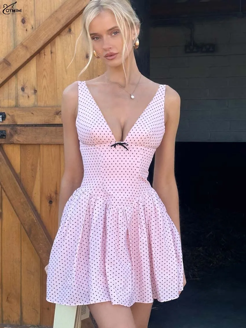 

Oymimi Elegant Pink Print Dresses For Woman Fashion V-Neck Sleeveless Lace Dresses Autumn High Waist Pleated Mini Dress Female