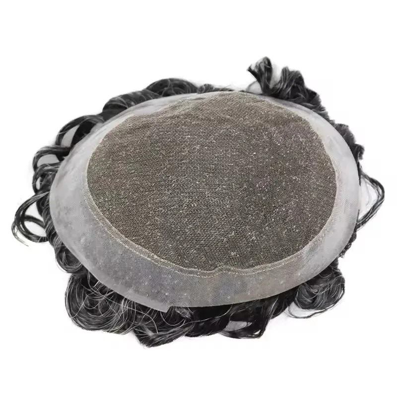 Herren-Toupet, atmungsaktive Spitze mit dünner PU-Basis, graubraunes Echthaar-Ersatzsystem, Haarteile für Männer, 20 mm gelockte Herrenperücke – Detail 1